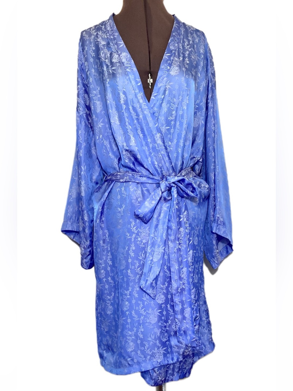 Silk Bamboo Floral Damask Kimono Robe Wrap Tie Waist OS